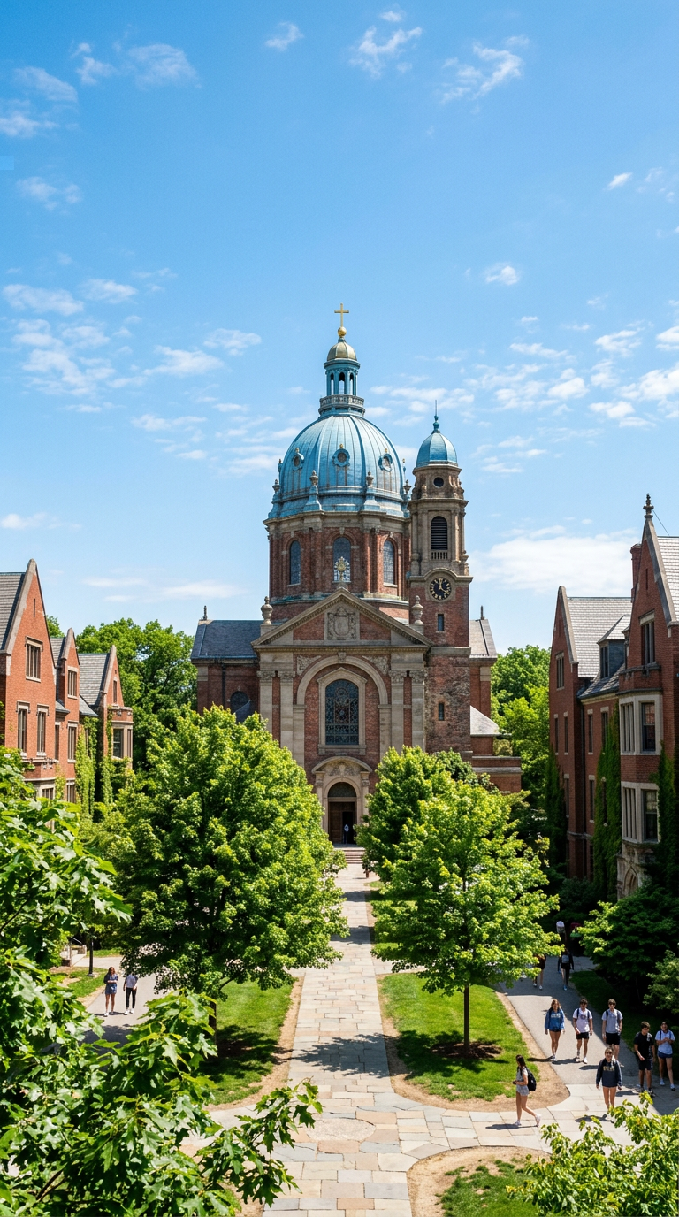 Chapel dome rising above red brick buildings and trees on campus
